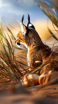 Caracal Cat Wild Feline in Golden Grasses