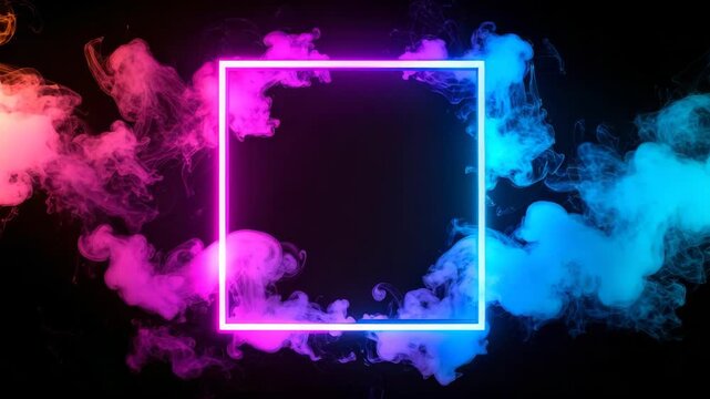 Abstract square neon frame surrounded by colorful smoke clouds on black background
