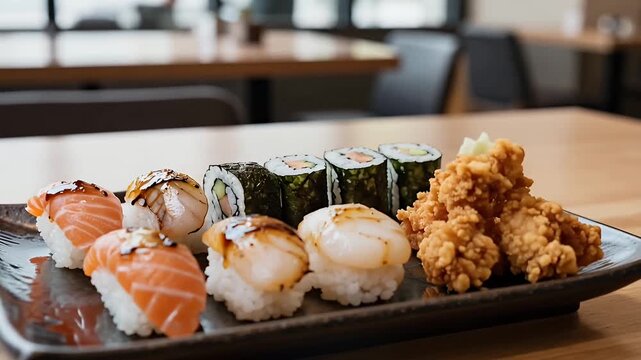 sushi platter nigiri maki karaage on restaurant table in wooden dining setting