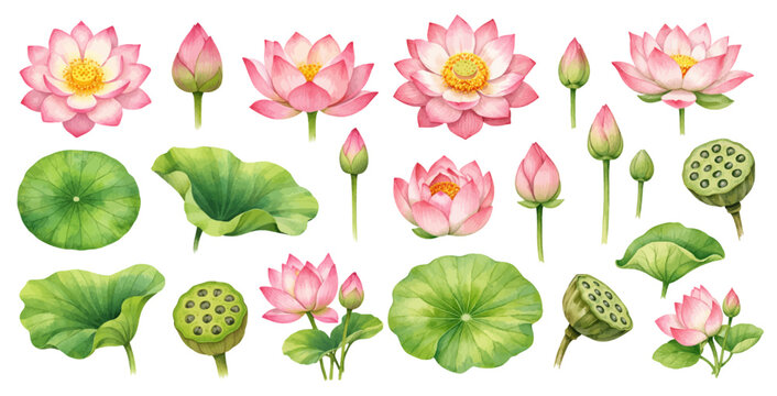 A charming watercolor collection of pink lotus flowers, buds, leaves, and seed pods for botanical clipart and spa wellness design.
