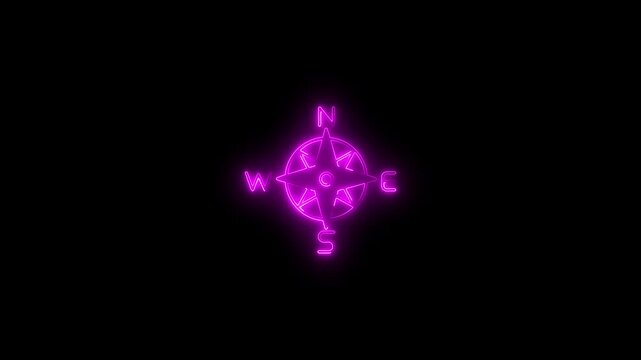 Neon compass rose navigation symbol purple glowing directional on black background directional purple glowing