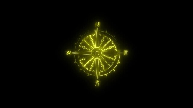 Glowing Yellow Compass Navigation Symbol Neon Light Direction Indicator