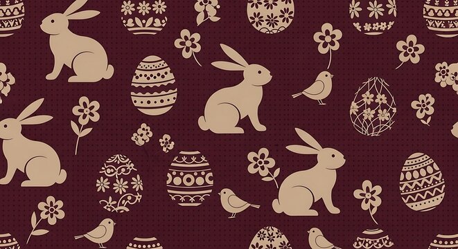 Easter bunnies, eggs, and flowers pattern in beige on maroon background, seamless design for wrapping paper and fabric decoration.