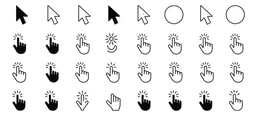 Cursor Icons Click And Hand, computer mouse arrow and pointing hand symbols, isolated click cursors, loading and interaction icons, UI and interface vector illustration. © ayat 02