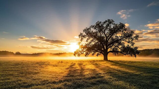 Solitary tree glowing in sunset background timelapse over golden meadow