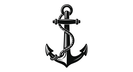 A detailed black and white illustration of a classic nautical anchor with rope a striking silhouette high quality © Kuntol02