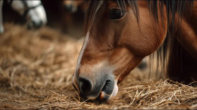 Majestic brown horse with a white blaze on its face eating dry hay inside a rustic wooden barn
