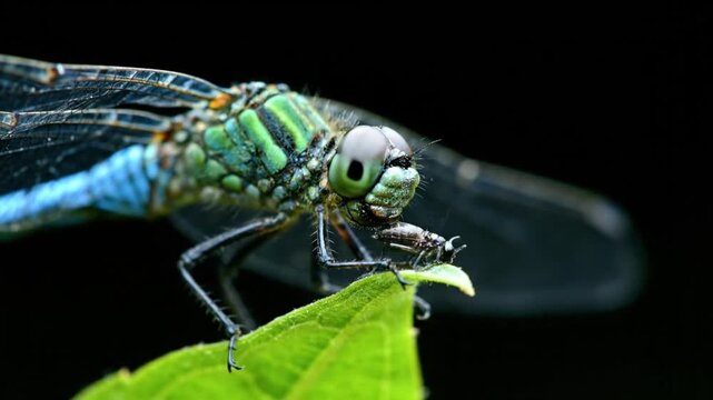 Dragonfly perched on green leaf closeup.