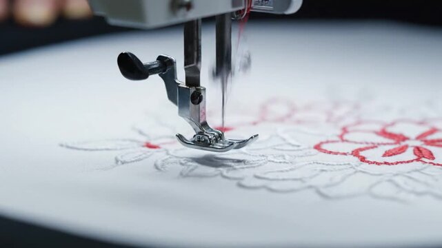Embroidery Machine Creating Floral Design on Fabric.