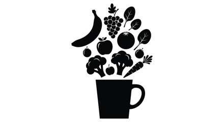A striking black silhouette depicts a cornucopia of fruits and vegetables emerging from a cup silhouette high quality © Kuntol02