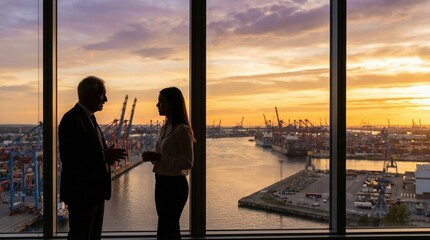 Fototapeta premium business meeting table silhouette sunset concept. Silhouetted businessman and woman discussing by large window overlooking harbor at sunset