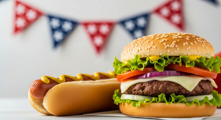 Hot dogs and burgers with festive flags symbolizing Independence Day