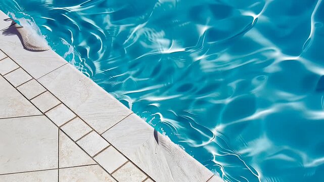 turquoise pool edge with tiled deck and sunlight reflections