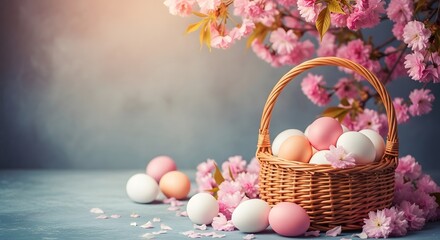 Obraz premium Easter basket filled with pastel eggs under blooming flowers
