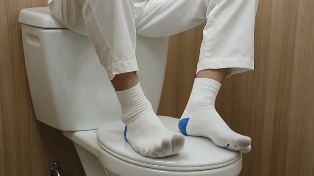 feet on toilet seat white socks bathroom scene