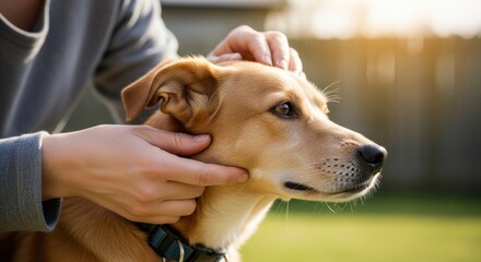 Caring Touch: A person tenderly strokes a dog, showcasing the bond of companionship. The dog's expression shows contentment. 