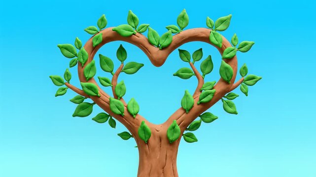 Stop motion animation of a vibrant heart-shaped tree growing with tiny green leaves against a bright blue sky, symbolizing love, nature, and growth.