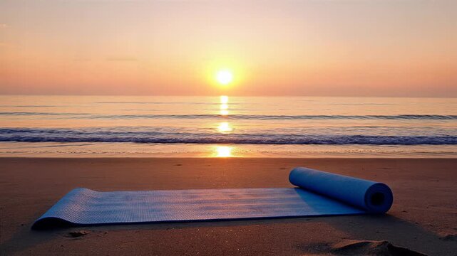 Vibrant cinematic sunrise over tranquil ocean waves with a blue yoga mat on a golden sandy beach, symbolizing wellness, relaxation