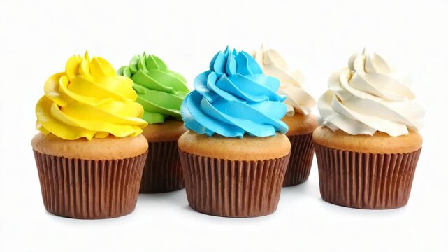 Assortment of colorful frosted cupcakes on white background studio shot