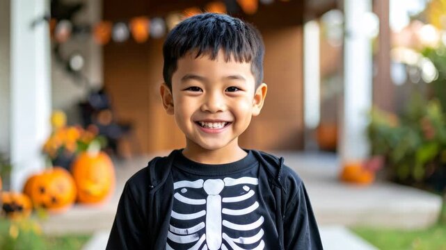 Joyful young boy in skeleton costume smiles for Halloween celebration