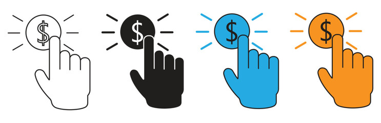 Fototapeta premium A set of four cursor icons representing a hand clicking on a dollar sign symbol, indicating online payment or earning money, in a clean graphic style.