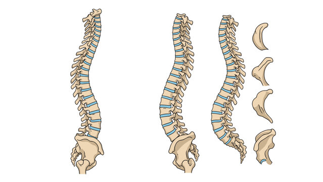 Detailed anatomical illustration of the human spinal column shown from side views alongside individual vertebrae components for education.
