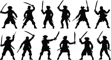 Pirate silhouettes collection, swashbuckler warriors with swords poses set, sea adventure character design, black vector illustration