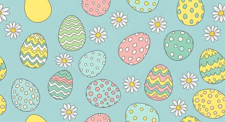Colorful Easter eggs and flowers pattern on a light blue background viewed from directly above creating a festive illustration