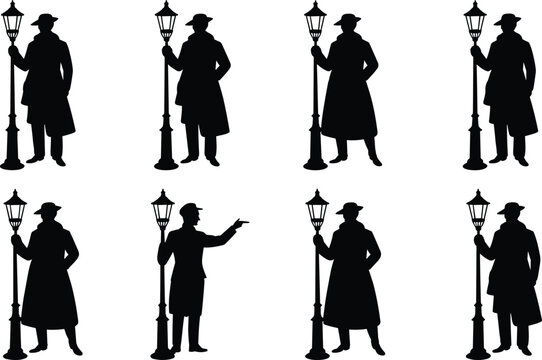 Victorian lamplighter silhouette set, vintage street lamp worker collection, historical lantern bearer figure poses, black vector isolated illustration