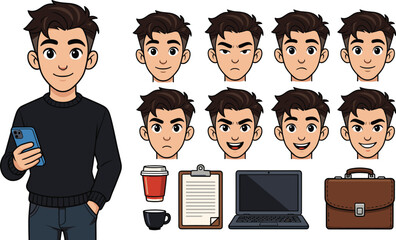 Young man character creation set, male avatar with facial expressions collection, modern lifestyle accessories pack, cartoon vector illustration © VectoBloom