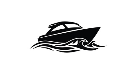 A striking black silhouette of a speedboat cutting through stylized waves evoking motion silhouette high quality professional detailed © MIRAJ02