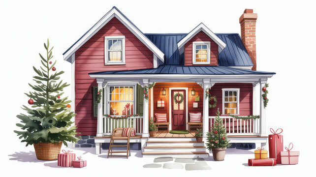 Red house with Christmas tree and presents on the porch