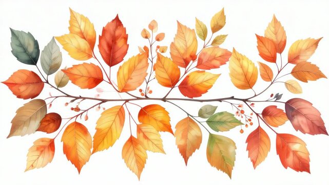 Watercolor autumn branches with leaves changing colors from green to red and orange