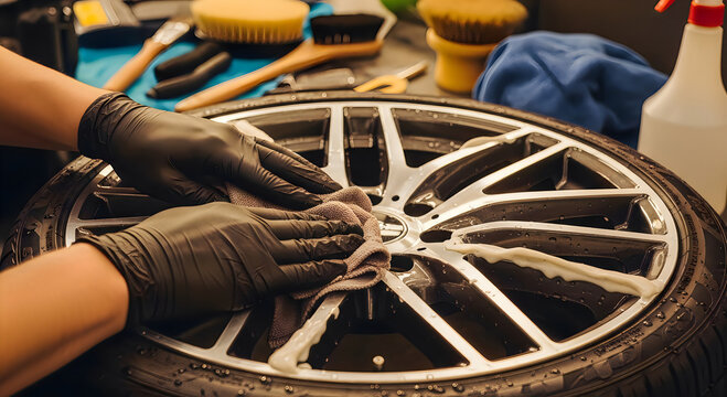 Professional Car Detailing Cleaning Alloy Wheel with Microfiber
