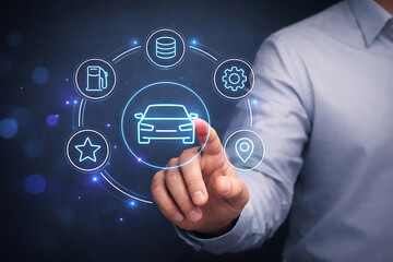 Obraz premium Smart car technology concept with businessman hand touching digital vehicle interface, automotive service system, navigation location, fuel station, data management, and connected mobility network