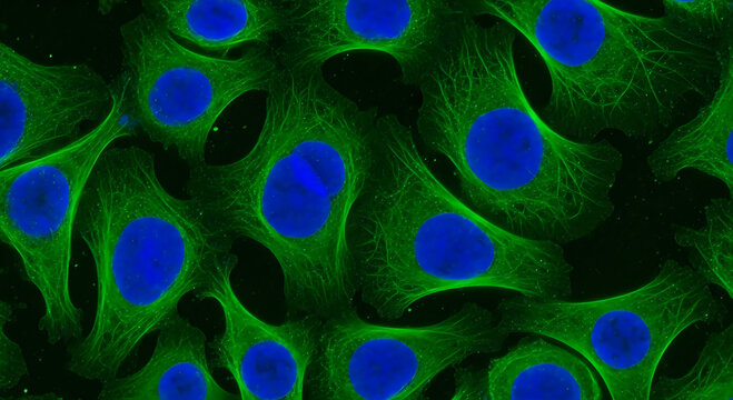 Fluorescent Microscopic View of Cells with Blue Nuclei and Green Fibers