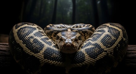 Obraz premium Close up of a coiled snake with detailed scales in natural environment