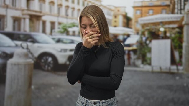 Woman covers mouth with hand, eyes closed and arm crossed, in a street cafe by parked cars and buildings; amused playfulness.