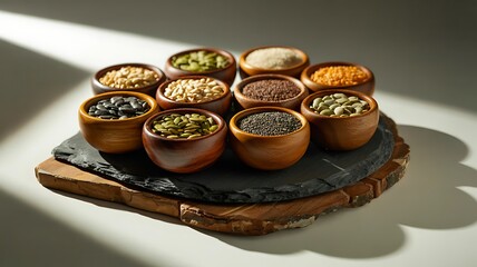 Variety of healthy grains and seeds in small bowls on wooden serving board