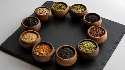 Assorted healthy seeds and grains in wooden bowls arranged in circle on black background