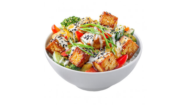 Healthy vegan poke bowl with crispy fried tofu, fresh vegetables, and sesame seeds on rice.