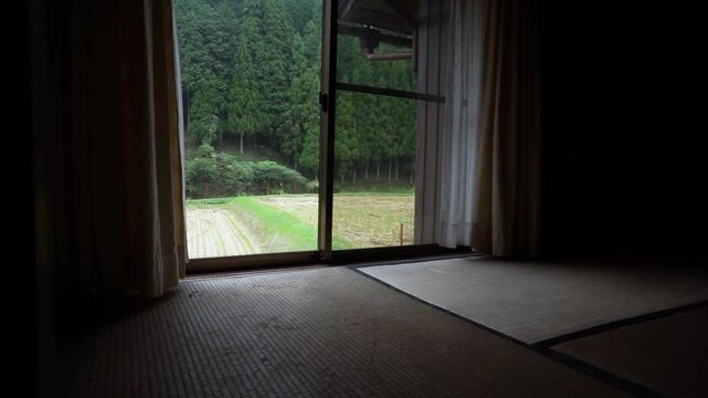Traditional Japanese tatami room overlooking rice fields and forest countryside