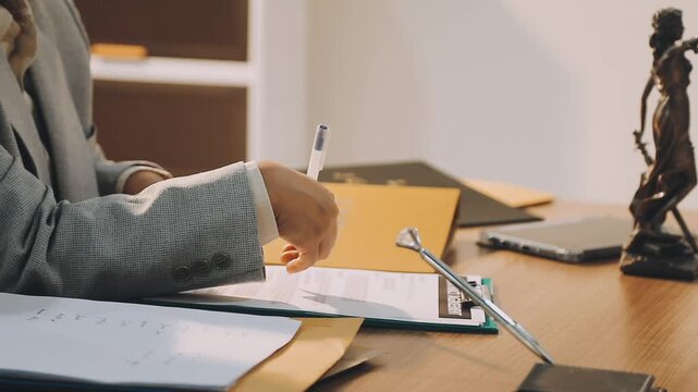 Justice and law concept. Gavel on sounding block in hand's Male judge at a courtroom, working with document law books, report the case on table in modern office.