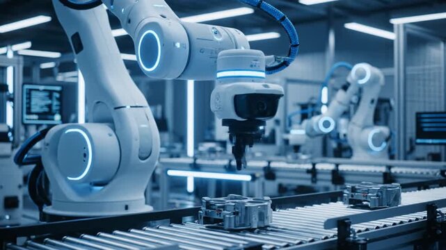 Industrial Robots in Modern Manufacturing Facility.