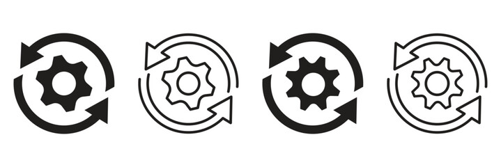 Automated process optimization and system update icon vector. Gear cog with check mark and circular sync arrows symbol set. Vector illustration