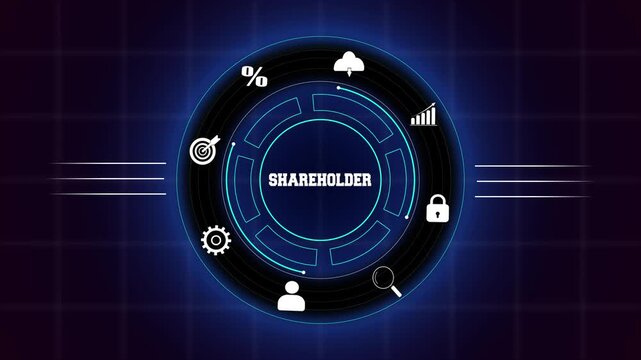 Maximizing shareholder value and corporate financial governance models, displayed on a glowing blue digital circular interface with modern investment icons.