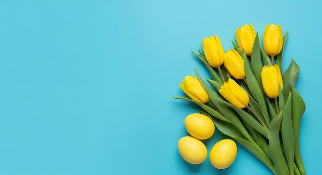 A vibrant bouquet of yellow tulips with green leaves arranged on a bright blue background with white empty space