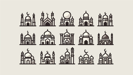 Fototapeta premium Set of Minimalist Mosque Building Icons and Islamic Architectural Elements in Flat Style
