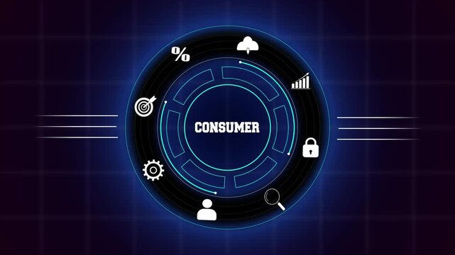 Analyzing consumer behavior and strategic market demand models, displayed on a glowing blue digital circular interface with modern user icons.