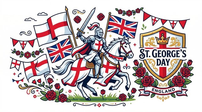 Majestic knight on horseback holding sword and english flag surrounded by st george's day symbols including union jack flags rose garlands and heraldic shield with crown